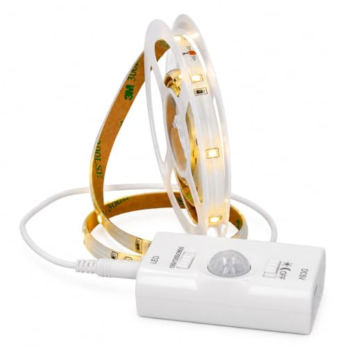 JANDEI – LED-Streifen mit Bewegungsmelder, Akku Usb Aufladbar, Flexibel und Selbstklebend, Kein Stecker Erforderlich. Nachtlicht für Schränke, Flure und Treppen - 1 Meter (Warmes Licht)