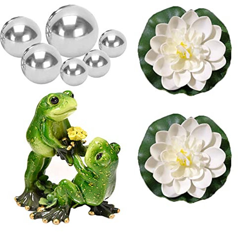 Set decorativo per laghetti da giardino,due rane con sfere argentate e 2 fiori di loto come decorazione da giardino per laghetti da terrazzo, laghetti, fontane solari da giardino, laghetto(A03)