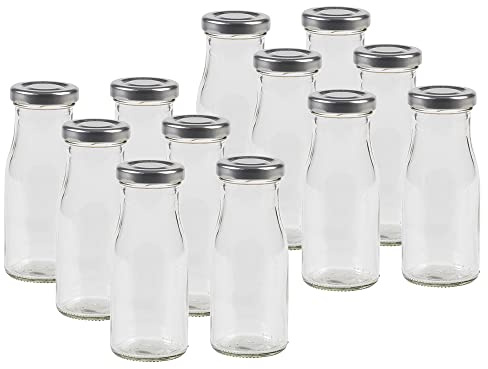 12 leere Glasflaschen Flaschen 150ml EPI mit Schraub-Deckel Silber zum selbst befüllen von Milchflaschen, Saftflaschen, Smoothie Flaschen TO43 0,15l