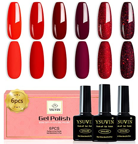 Yueshop Red Gel Nail Polish, 6 Colors Vintage Red Gel Polish Nail Art | Bright Red Deep Wine Red Glitter Gel Nail Varnish Soak off UV LED, Long-Lasting, Winter Manicure Salon & Home DIY, 8ml