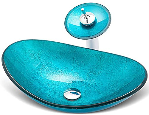 CGLYYDS Lavabo-Vasque De Salle De Bain, Bol D'éVier De Meuble-Lavabo De Comptoir en Verre Trempé Fait à La Main Artistique, Lavabo De Lavabo De Comptoir avec Ensemble De Drain Escamotable, Bleu,A