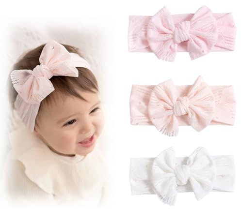 SJBAUTYO Baby Mädchen Nylon Stirnbänder,3 Stück Bowknot Elastische Haarbänder,baby schleifen haarband,Weiche,süße,Kopfbedeckung für Kinder Kleinkinder(weiß, apricot, rosa)