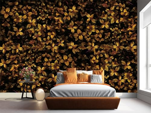3D Mural Black & Gold Wallpaper - Elegant Gold Leaves Design. Perfect for Sofa Background, Bedroom, Office, Living Room, Kitchen & Nursery Decor. Not Peel & Stick, 150x105 (WxH).