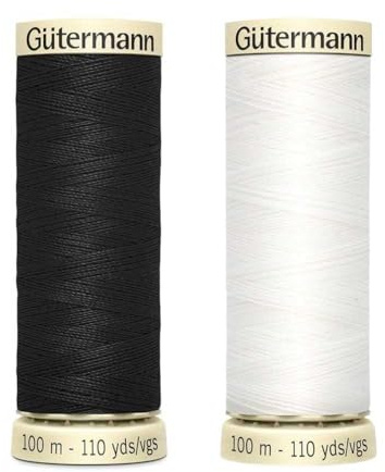 Gutermann Sew-All Polyester Thread for Hand or Machine Sewing, Embroidery and Stitching - Colour's WHT & BLk - 1 x 100m Spool of Each