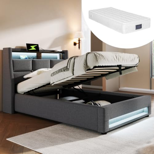 KUAKE Polsterbett 90x200 cm mit Matratze, Einzelbett mit Stauraum und Lattenrost, LED Kopfteil mit USB Ladefunktion, Stauraumbett Funktionsbetten Rückenlehne Bettgestell, Leinen