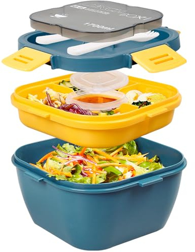 Greentainer Lunch Box Leak-Proof Bento Box with 1 Fork, Salad Container with Dressing Container, 3 Compartments Salad Box-to-Go for School, Work, Picnic, Travel, Camping (Light Blue, 1700 ml)