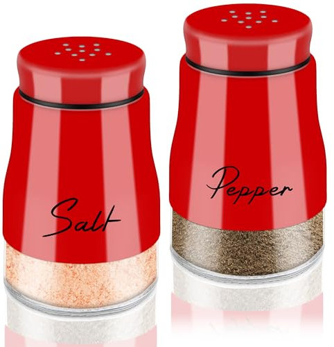 Red Salt and Pepper Shakers Set,5 oz Glass Bottom Salt Shaker with Stainless Steel Lid Cute Christmas ktichen Decor and Accessories Theme Set Home Essentials Housewarming Gifts Refillable Design (Red)
