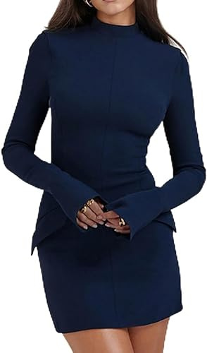 Sunlighty Afloura Mini robe cargo pour femme, noir, manches longues, col montant, poignets évasés, robe portefeuille moulante, bleu, S