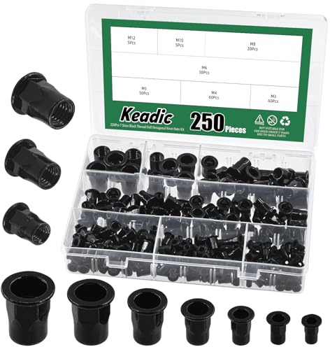 Keadic 250Pcs M3 M4 M5 M6 M8 M10 M12 Nietmutter Sortiment Set, Kohlenstoffstahl verzinkt Flachkopf Gewindeeinsatz Mutter Gewinde halbe sechseckige Nietmutter Muttert Befestigungen für Bau Industrie