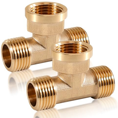 1/2 Zoll T-Stück, 2 Stück Messing T-Stück 1/2 Zoll, 1/2 T-Stücks 90° | Gewindefitting T-Stücks AGxIGxAG aus Messing, Wasseranschluss Verteiler, 3 Wege T-verbindungsstück für Trinkwasser Geeignet