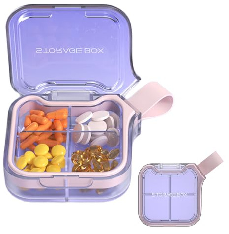 Täglicher Pillen Organizer mit 4 Fächern, Pillendose klein für unterwegs, Tablettenspender für Reise und Tägliches, Kompakter Reise Pillenbox für Taschengeldbörse, tragbarer Medizin,Vitamin (Lila)
