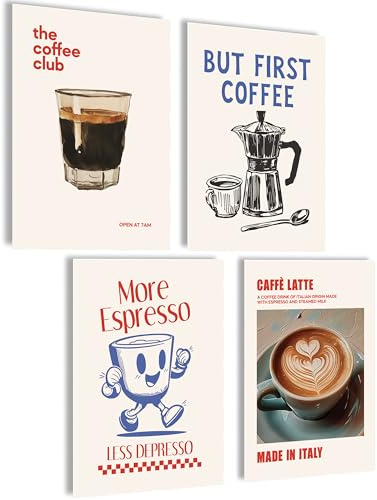 mojoliving Poster Kaffee Bilder Kaffee Bild Wandbilder Küche Bilder für die Küche Deko (Coffee Club, 4x A4 | ohne Rahmen)
