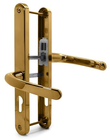 TSS UPVC Door Handles Set - Lever Offset Lever - 48mm / 87mm PZ (Centres) - 240mm Screw to Screw - Backplate 270mm X 32mm - Replacement UPVC Door Handles - PVC Door Handle (Polished Brass)