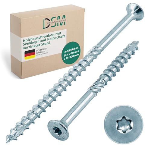 DSM Vis pour construction en bois 10 x 200 mm Vis à tête fraisée galvanisée, TX40 Vis pour panneaux d'aggloméré avec affûtage en dents de scie ? Avec tige de friction, nervures de fraisage et pointe
