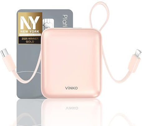 Power Bank 10000mAh, Mini Bateria Externa Carga Rapida con 2 Cables, PD 22,5W, Bateria Portatil Pequeña, Cargador Portátil movil USB C Compatible con iPhone 16 15 14 13 12 Serie Samsung Android (Rosa)