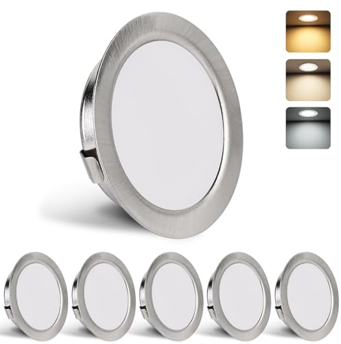 YindaLux LED Einbaustrahler 230V 3CCT IP44 Einbauspots 55-58mm 6er Nickel | Deckenspots 3W 300LM LED Spot Ultra Flach 15mm 3000K 4000K 6000K Möbeleinbauleuchte für Spiegelschrank