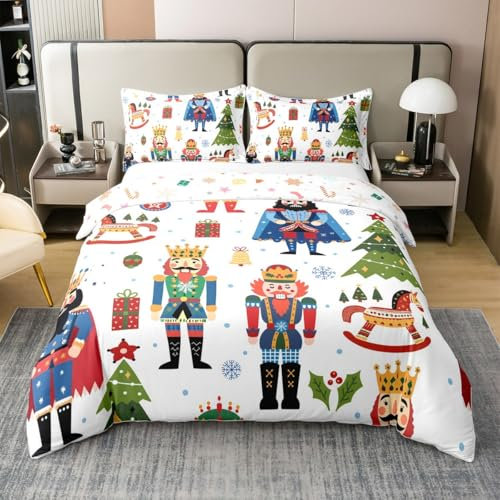Loussiesd Merry Christmas Bedding Set Double Size Xmas Nutcracker Bedding 100% Cotton Duvet Cover Set Merry Christmas Tree Comforter Cover Set Bedspread Cover Quilt Cover 3Pcs