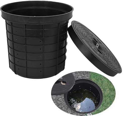 Nisorpa Perforated Sump Basin with Lid, 68 L Sump Pump Bucket Sump Pump Basin Perforated with 48 Drilled Holes for Yards Patios Driveways Crawl Spaces Garage(Black,17.7 x 16.9 x 15.7 Inch)