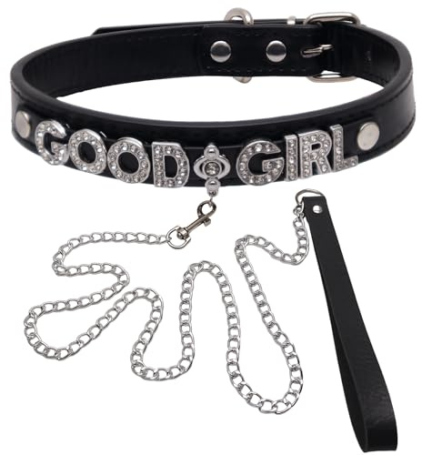 FAYERXL Leather Collar Chain Leash Set With Name Letters,Punk Gothic Rock Choker Necklace for Women Men Cosplay Party Gifts, Adjustable, Leather, No Gemstone