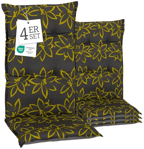 Beo® Hochlehner Gartenstuhlauflagen Barcelona | 4er Set | Waschbar | Made in EU | Öko-Tex Standard | Atmungsaktiv | UV-beständig | Komfortable Sitzkissen Outdoor