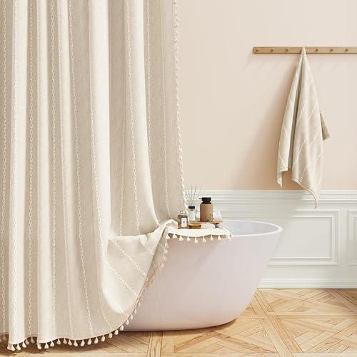 BTTN Boho Farmhouse Shower Curtain, Striped Linen Fabric Shower Curtains with Tassel, Durable and Washable, Vintage Bohemian Shower Curtain Set with 12 Plastic Hooks, 182 x 182cm, Beige/Cream