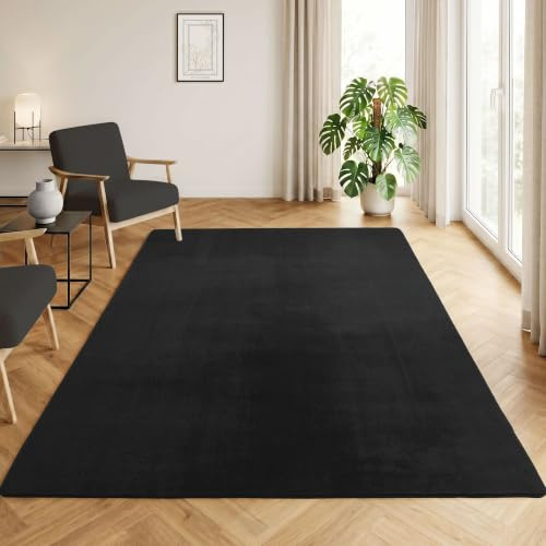 HomebyHome Teppich Schwarz 200x280 cm Waschbarer Kurzflor Teppich, rutschfest & weich, modernes einfarbiges Design für Wohnzimmer, Schlafzimmer, Küche & Kinderzimmer.