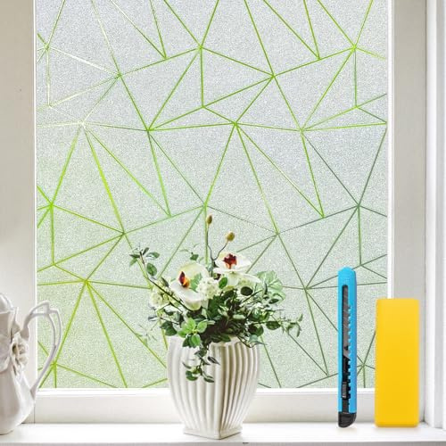 Zindoo Frosted Glass Film for Windows, Window Frosting Film with Triangular Pattern, No Glue Static Cling Privacy Window Film Sun Blocker for Bathroom Kitchen Bedroom Office, 90x200cm