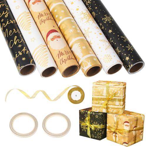 6 Rollos Papel de Regalo,43 cm x 3 m Papel Regalo Cumpleaños,Incidental Cinta de cebolla doradax1,para Cumpleaños,Navidad Regalos de Fiesta Embalaje
