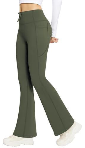 baleaf - Leggings térmicas con forro polar para mujer, con 4 bolsillos, cintura alta, estilo bota, con cordón, verde oscuro, XS