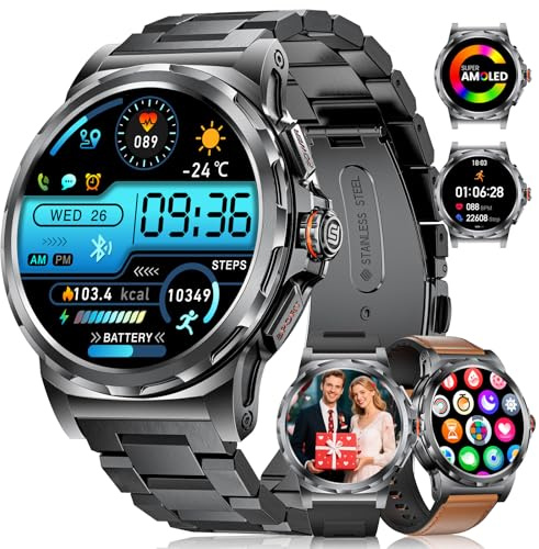 LIGE Militar Reloj Inteligente Hombre con Llamadas Bluetooth/Asistente de Voz, 1,43'' AMOLED Fitness Tracker con 100+ Modos Deportivos, Smartwatch para iOS Android, Calorías/Podómetro, Negro Marrón
