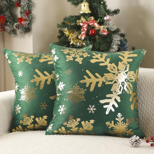 AwzyGous Kissenbezüge 45x45 Grün und Gold Weihnachten Kissenhülle Sofakissen Bezüge Schneeflocke Winter Samt Dekokissen Zierkissenbezüge Weihnachtsdeko für Sofa Couch Schlafzimmer Wohnzimmer, 2er Set