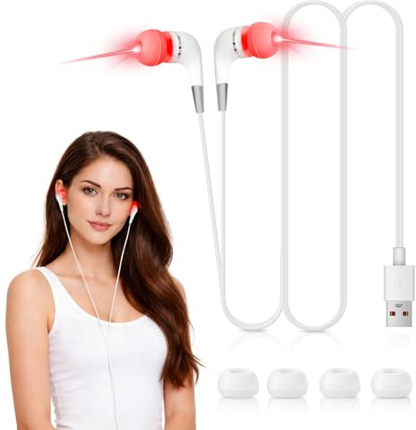 Tinnitus Infrarot-Ohrstöpsel, Tragbares Tinnitus Relief Gerät, 650 nm Rotlicht USB-Rotlicht-Ohrhörer mit Aufbewahrungsbox, 2 Paar Silikonspitzen für Geräuschreduzierung und Schlafhilfe