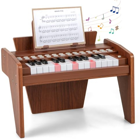 DREAMADE Clavier 25 Touches, Piano Électrique pour Enfants avec 15 Démos, 6 Tonalités et 8 Percussions, Enseignement Guidé par Lumière avec Pupitre Amovible (Marron)