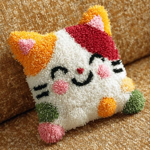Taxpy Knüpfkissen-Set,Strickset-Kissen,Katze Teppich-Set Für Anfänger,Knüpfset Für Anfänger,Erwachsene Oder Kinder,Knüpfset Kitz 43 X 43 Cm