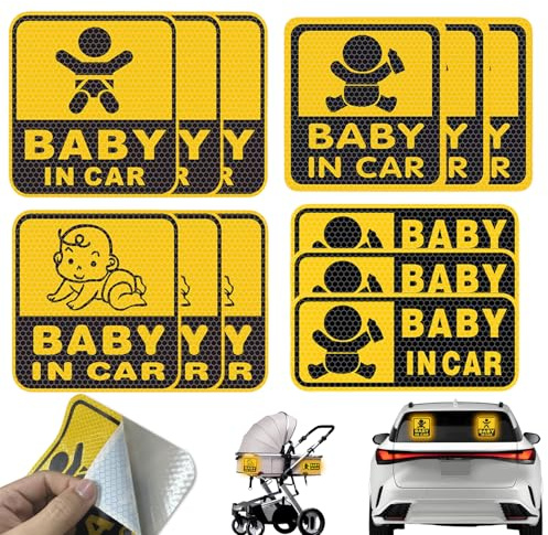 12 Stück Kinderwagen Reflektoren Aufkleber BABY IN CAR – Reflektor Sticker Set Selbstklebend, Sicherheits Reflektoren für Kinderwagen, Auto, Fahrrad, Buggy, Hochsichtbar bei Nacht