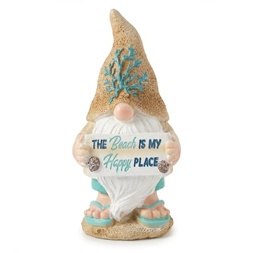 The Bridge Collection Cute Beach Gnome Figurine – “The Beach is My Happy Place” Nautical Garden Gnome Decor – Coastal Indoor Or Outdoor Decor Accent