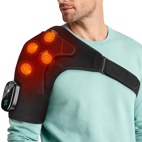 Trådlös Värmande Axelmassagekudde, Bärbar Axelvärmebeslag Med Pekskärmskontroll, 5 VärmeNivåer, 5 Vibrationslägen, Timer, 5000 mAh Batteri Och 4 Motorer, Passar Vänster Eller Höger Axel-Svart