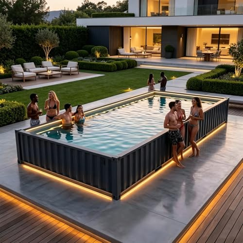 Piscina fuori terra in vetroresina personalizzata Piscina fuori terra Facile installazione Contenitore di spedizione Piscina con riscaldatore, filtro, luci a LED Soluzione esterna spaziosa per uso