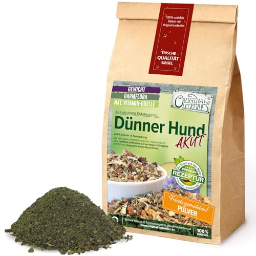 ORIGINAL LECKERLIES® Dünner Hund AKUT Kräutermix als Pulver, 250g Hundekräuter, Kräuter für Hunde, Hundefutter - Unterstützung Einer langsamen Gewichtszunahme, Naturprodukt, barfen