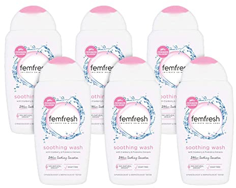 Femfresh Ultimate Care Soothing Wash, Soap & Fragrance Free Wash 6 x 250ml | Intimate Vaginal Feminine Hygiene Shower Gel Cleanser, pH Balanced, Hydrating Cranberry & Probiotics Extract, Long-Lasting