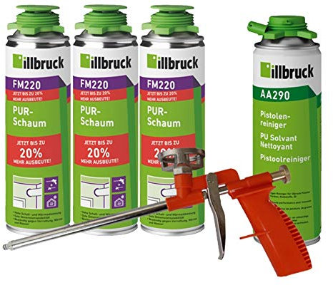 illbruck Profi Set 3x FM220 Bauschaum PUR-Schaum Montageschaum Pistolenschaum á 500ml Dosen + illbruck AA290 Reiniger + Schaumpistole Compact