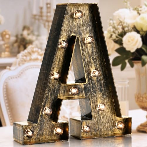 Golden Black Led Marquee Letter - Industrial, Vintage Style Light Up Alphabet Letter Sign for Cafe Wedding Birthday Party Christmas Lamp Home Bar Initials Decor - A
