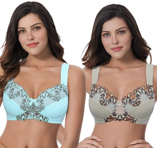 Curve Muse Women's Plus Size Minimizer Wireless Unlined Bra with Embroidery Lace-2Pack-Nude,Lt Blue-40DDDD/EU:90G