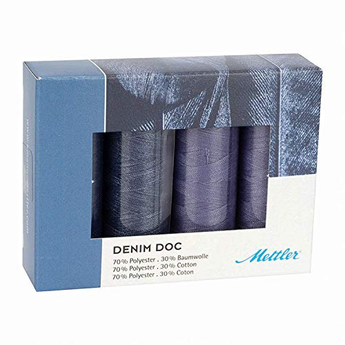 Mettler DENIM DOC 4er Kit Nähgarn Set: Reißfestes Garn zum Nähen oder Sticken - 70% Polyester 30% Baumwolle - 100m / Rolle