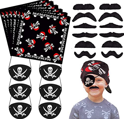 24 pezzi Set di accessori per pirati Pirata Benda sull'occhio Pirata Bandana Foulard Autoadesivi Barbe finte Baffi finti per Carnevale di Halloween, Festa a tema pirata e Compleanno per bambini