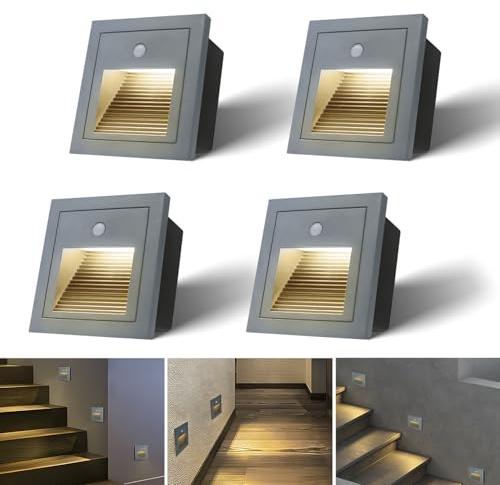 Arote 4er 3W LED Treppenlicht mit Bewegungsmelder 230V warmweiß 3000K Wasserdicht Wandeinbauleuchte Wandleuchte Wandeinbaustrahler Stufenlicht Beleuchtung Lampe, innen aussen, Grau, Alu
