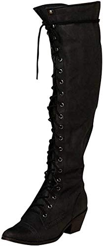 ORANDESIGNE Stivali Invernali da Donna Stivali sopra Il Ginocchio Stivaletti con Tacco Alto Lungo Moda retrò Scarpe in Pelle PU Cerniera Laterale Stringati B Nero 37 EU