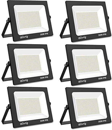 Projecteur LED Extérieur 300W,Blivrig Eclairage Extérieur LED,spot led exterieur IP66 Imperméable, pour terrains de jeux, stades, usines, Parking, garage, jardin Sans Détecteur(Blanc chaud, 300W*6PCS)