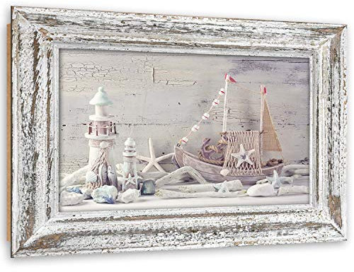 Feeby Wanddeko Shabby chic Rahmen Illusion 90x60 cm Kunst modern Bilder Seesternen Schalen Beige