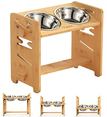 Vantic Medium Raised Dog Bowl, Adjustable Bamboo Elevated Puppy Feeder with Stand, Large Dog Feeder with Stand with 2 Stainless Steel Bowls, 28cm High